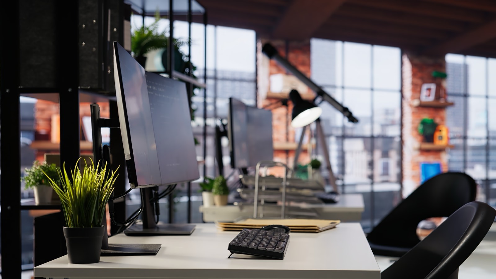 Rows of interviewer workstations in an office